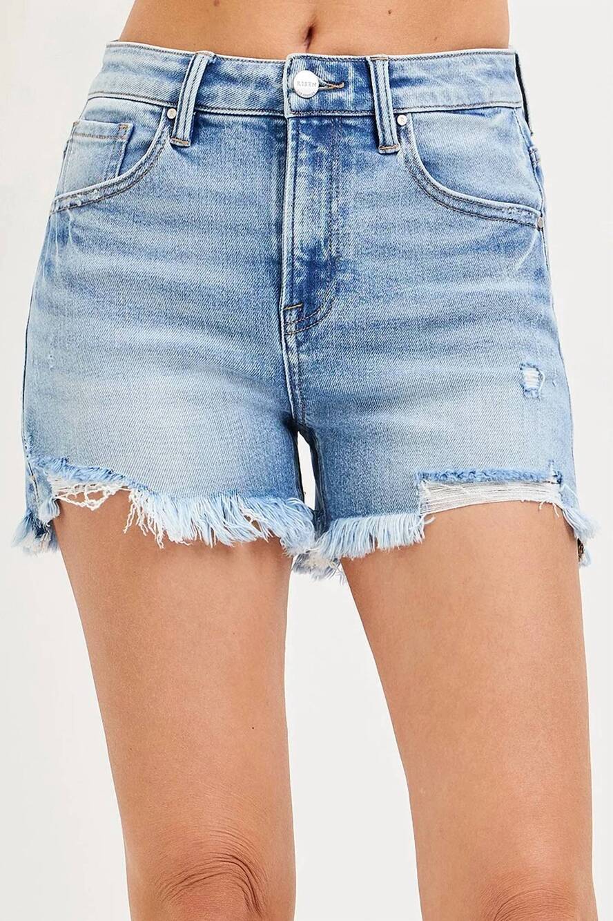 NEW RISEN high rise distressed washed step side hem shorts in light wash